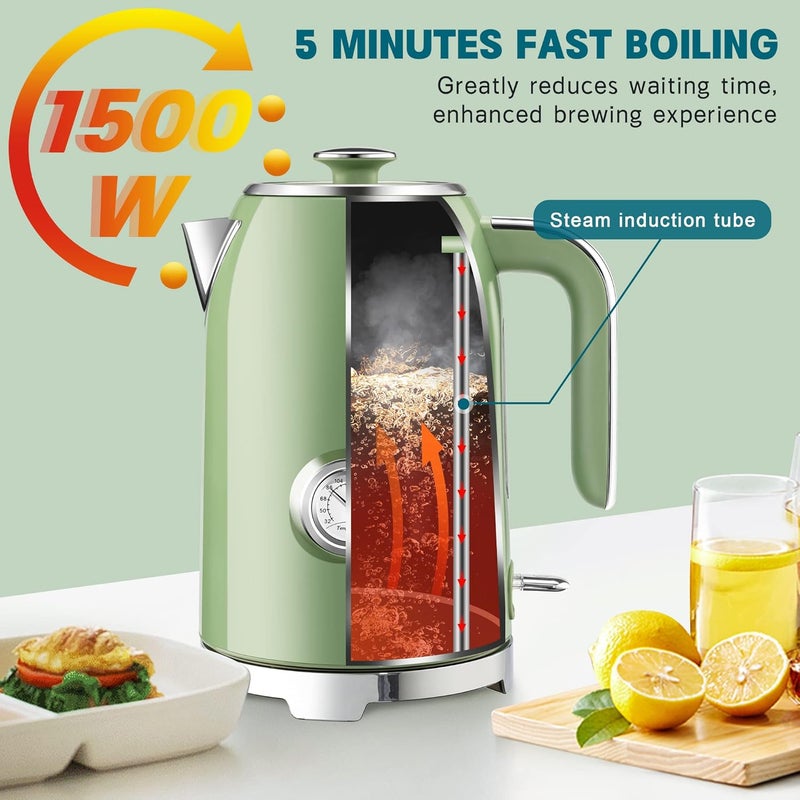susteas Electric Kettle - 57oz Hot Tea Water Boiler with Thermometer, 1500W Fast Heating Stainless Steel Pot, Cordless LED Indicator, Auto Shut-Off & Boil Dry Protection, Retro Green - Image 5